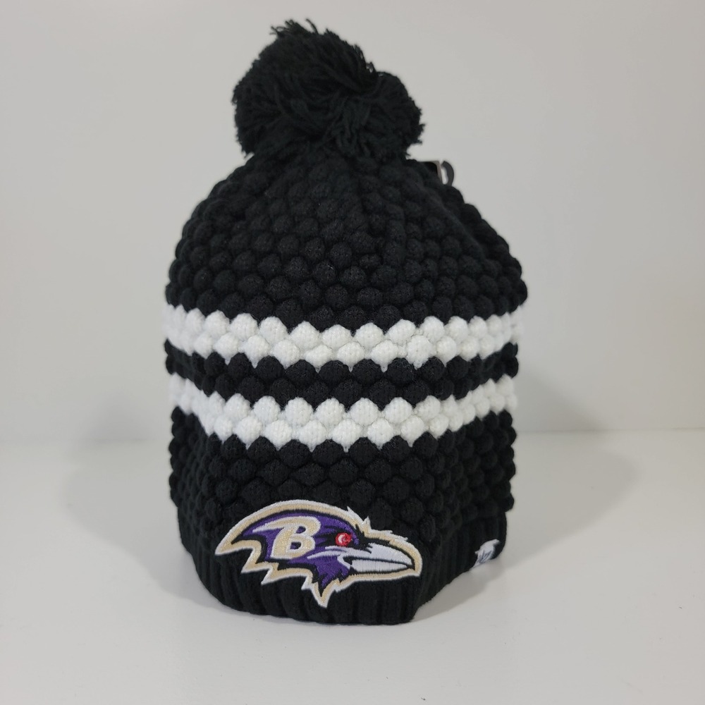 47 Brand Baltimore Ravens Womens Kendall Popcorn Knit Pom Beanie Hat Black White